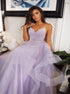 A Line Spaghetti Straps Ruffles Lavender Tulle Prom Dress LBQ3345